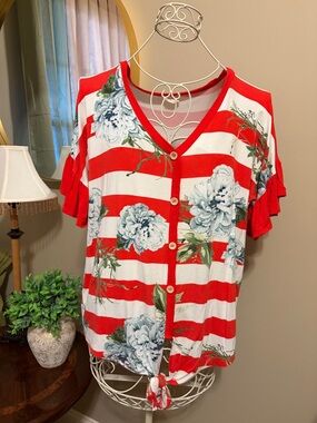 Floral Stripe Tie-Front Button Cardigan Top - Red & White